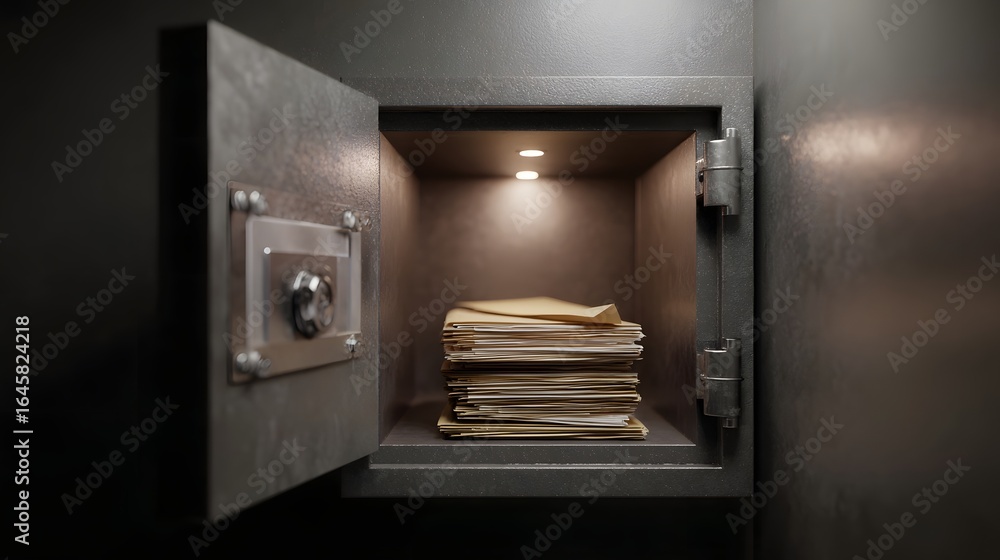 Poster secure safe box containing financial documents and records