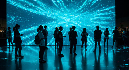 Silhouetted figures stand before a large, bright blue digital display with abstract, swirling light patterns, reflected in the floor.