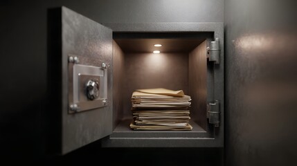 Secure safe box containing financial documents and records