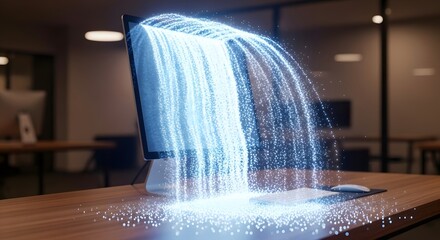 Digital Waterfall: Glowing Data Cascade Flowing from Computer Screen in Modern Office