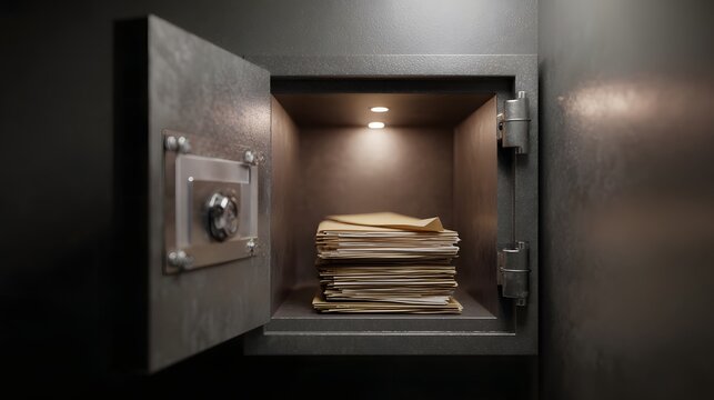 Secure safe box containing financial documents and records