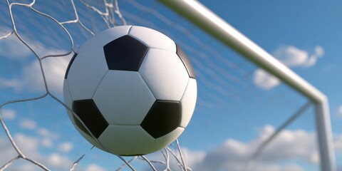Soccer ball hitting a net goal scored blue sky with clouds in background