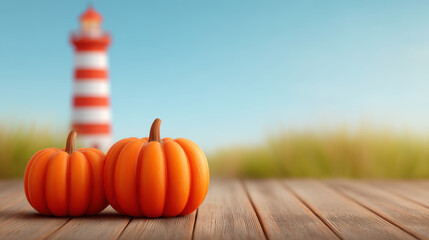 Halloween craft ideas, Two bright orange pumpkins on wooden surface with blurred lighthouse and grass background for halloween craft ideas