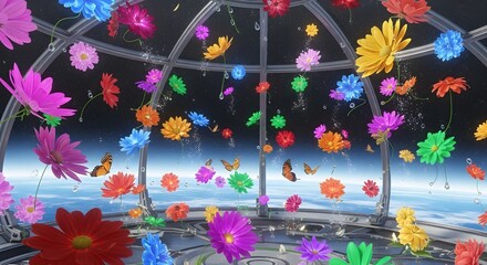 Colorful Flowers Floating in Space Dome with Butterflies, Surreal Dreamscape.