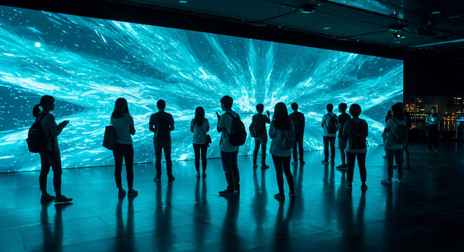 A group of people stand in front of a large screen displaying a vibrant, abstract, blue and white light pattern, possibly in a museum or exhibit.