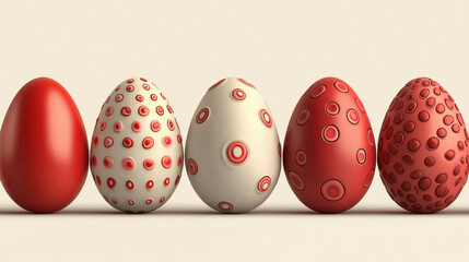 Decorated Easter eggs with red and white colors featuring circular patterns and smooth textures arranged in row on neutral background