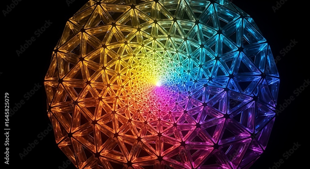 Poster dazzling dimensional sphere composed of triangular prisms, emitting a radiant light source