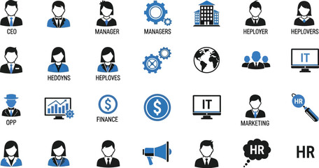 Illustration of various business related icons including ceo manager it finance and human resources