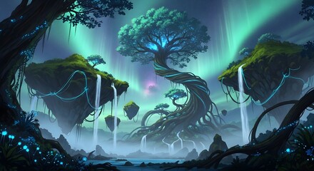 Enchanted Floating Islands with Glowing Tree and Aurora Borealis Fantasy Landscape