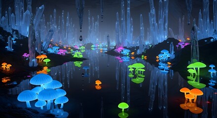 Illuminated Fantasy Cave: Glowing Mushrooms, Crystal Formations, Reflective Water.
