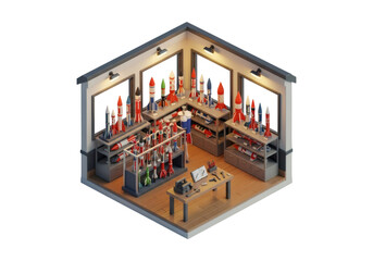 Workshop Interior Featuring an Array of Model Rockets in a Well Lit Room Isometric View with Gray Shelves and Work Table on Brown Floor