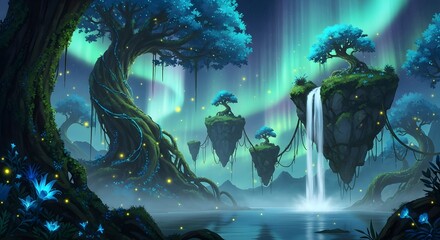 Enchanting Floating Islands, Mystical Waterfall, and Luminescent Flora