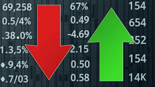 Red down arrow and green up arrow on financial data background