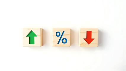 Obraz premium Three wooden blocks with arrows and percentage sign 1