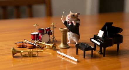Hamster Conductor Directing Miniature Orchestra, Dressed in Tuxedo, Musical Instruments.