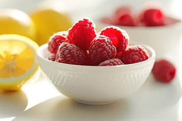 Fresh raspberries in white bowl with lemons
