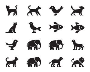 Collection of minimalistic animal silhouettes in black and white