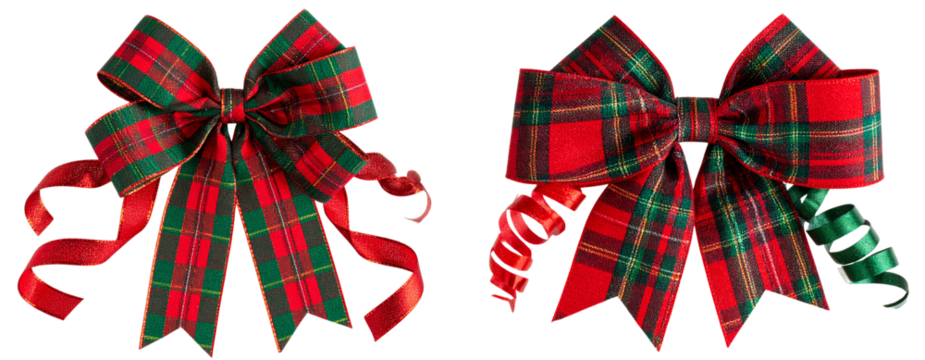 Set Of Festive Plaid Decorative Bow with Curled Ribbons, Transparent PNG