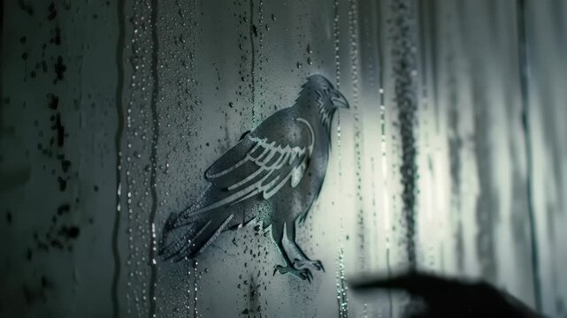 Mysterious raven silhouette on a wet, dark surface with a human hand touching the artwork, creating an ethereal and evocative scene indoors.