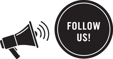 Bold black megaphone and circular button announcing follow us ideal for social media and marketing campaigns