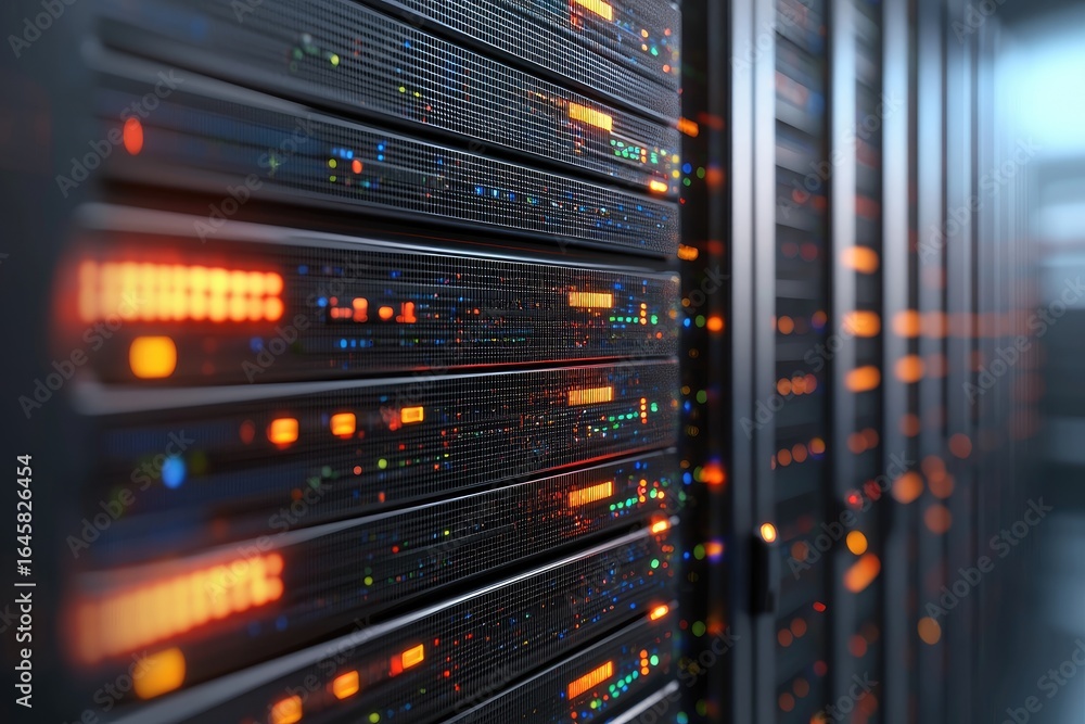 Poster modern data center server racks with vibrant orange, green, and blue led indicators behind mesh pane