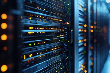 Naklejka premium High tech data center server racks with orange, green, and blue LED indicators behind mesh panels, perfect for secure cloud hosting, enterprise data storage, and network infrastructure solutions