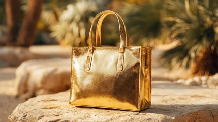 Shiny gold handbag with double handles luxury shopping fashion accessory