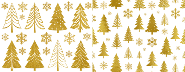 Set of Elegant Gold Foil Christmas Tree Pattern with Snowflakes, Transparent PNG