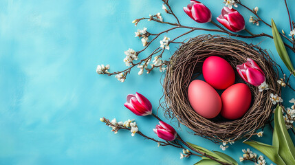 Spring-themed composition of Easter egg nest with tulips and blossoms on a vibrant blue