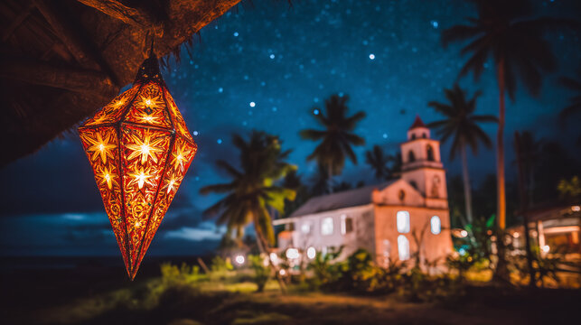 Filipino Church Under the Stars with Hanging Parol During Simbang Gabi Christmas Season in a Tropical Village
