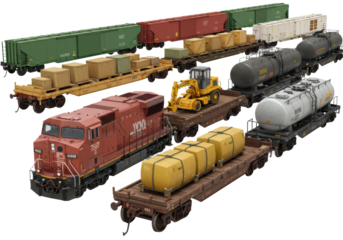 Freight trains transporting cargo and equipment industrial yard 3d model showcase detailed transportation concept. Cut out png