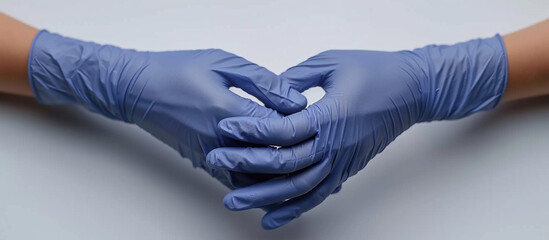 Blue gloved hands clasped on white background, ready for work