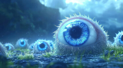 Surreal scene of large blue eyes with fur resting on rocky ground with grass under cloudy sky, evoking mysterious and eerie mood