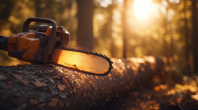 A chainsaw slices through a large log, surrounded by trees, as soft sunlight filters through the forest in the morning