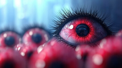 Red eye close up with long eyelashes and blood vessels, surreal and intense gaze creating mysterious and chaotic atmosphere