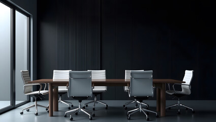Modern minimalist boardroom with white leather chairs, wooden conference table, dark textured walls, frosted glass windows, elegant corporate workspace interior design