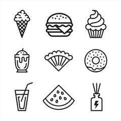 Food and Drink Icon Set – Desserts, Snacks, and Refreshments Outline Collection
