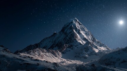 Majestic snowy mountain peak at night