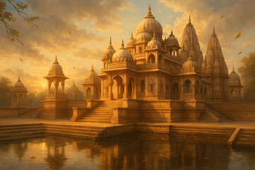 Ancient Indian Temple Illuminated by Sunset with Serene Water and Architectural Beauty