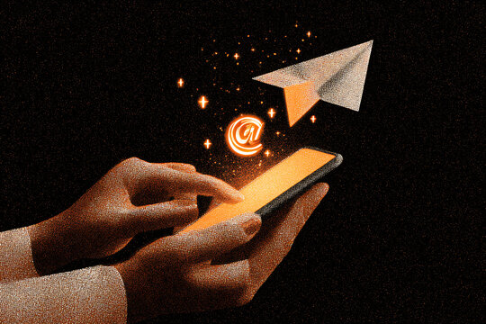 Hands holding smartphone sending email with glowing at symbol and paper airplane launching into starry night for digital communication concept - Powered by Adobe