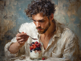 サンデーを食べる男性の絵画