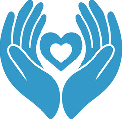 Obraz premium Minimalist vector of two blue hands gently holding a small heart, symbolizing care, compassion, love, and charity in a modern design