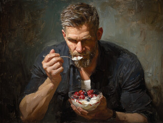 サンデーを食べる男性の絵画