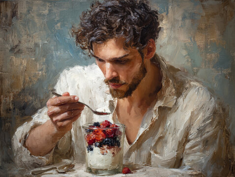 サンデーを食べる男性の絵画