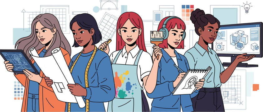 Diverse group of women showcasing various design professions in a cartoon style illustration