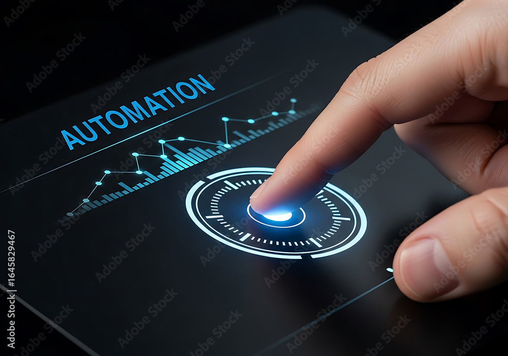 Poster finger activates automation process on touchscreen display with technological data visualization