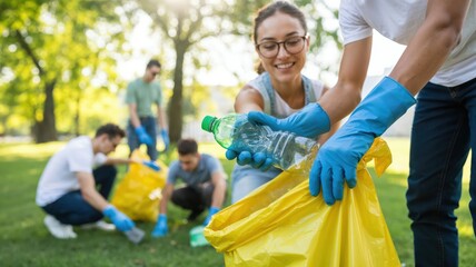 Group of volunteers cleaning park collecting plastic bottles and trash in yellow bags.