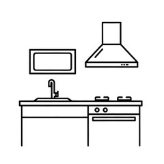 Minimalist black line icon of a modern kitchen interior featuring a sink with faucet, stovetop with oven, wall-mounted microwave, and range hood