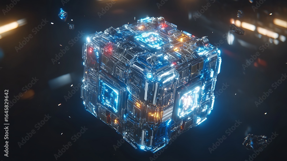 Poster an illuminated metallic cube floating in a dark expansive environment