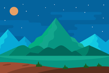 Obraz premium Flat design mountain landscape under a starry night sky with a moon